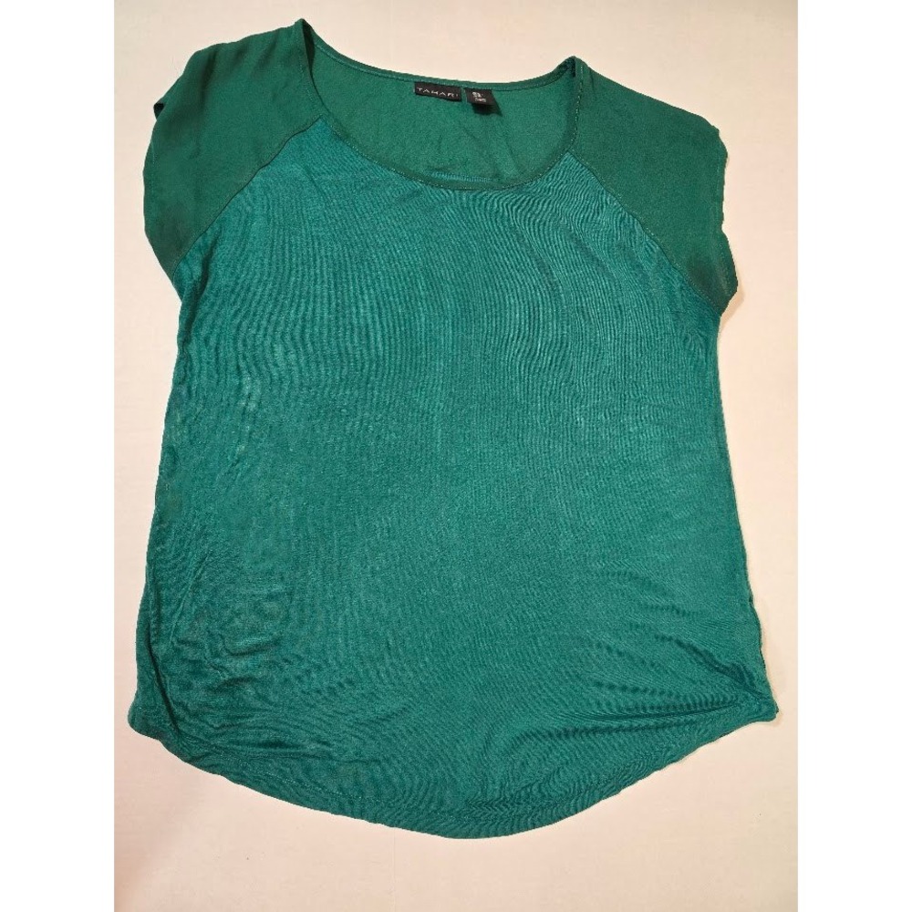 Tahari Green Blouse Cap Sleeve Round Neck Casual Top Size M